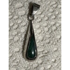 Vintage Taxco Mexico 925 Sterling Silver Malachite Teardrop Pendant TH-31 Green